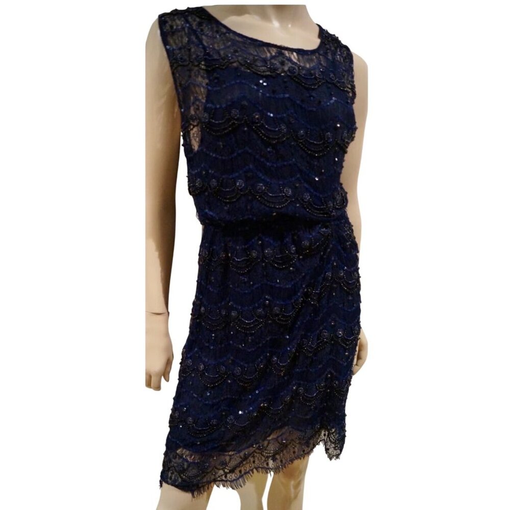 Alice + Olivia | Dresses | Alice Olivia Blue Lace Sequin Bead Sleeveless Mini Dress Keyhole Back Xs S